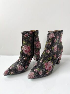Betsey Johnson SB-Cady Rhinestone Floral Pointed Toe Heeled Booties